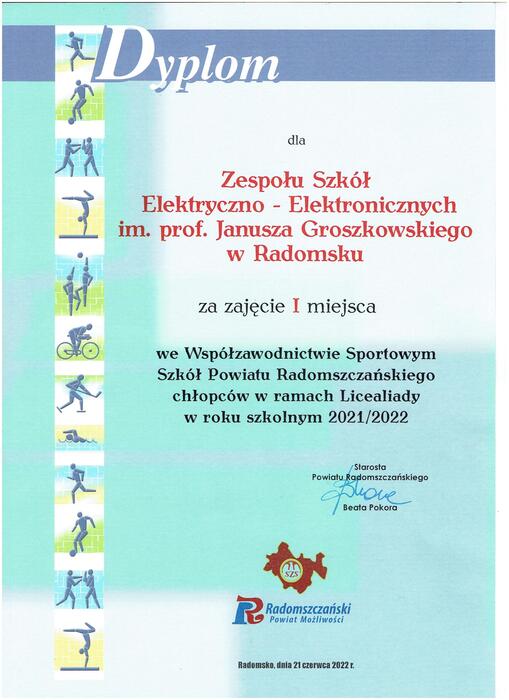 Dyplom dla ZSE-E za zajęcie 1 miejsca we Współzawodnictwie Sportowym Szkół Powiatu Radomszczańkiego