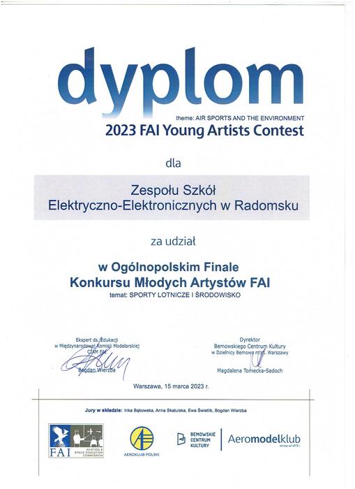 Dyplom dla ZSE-E za udział w Ogólnopolskim Finale Konkursu Młodych Artystów FAI