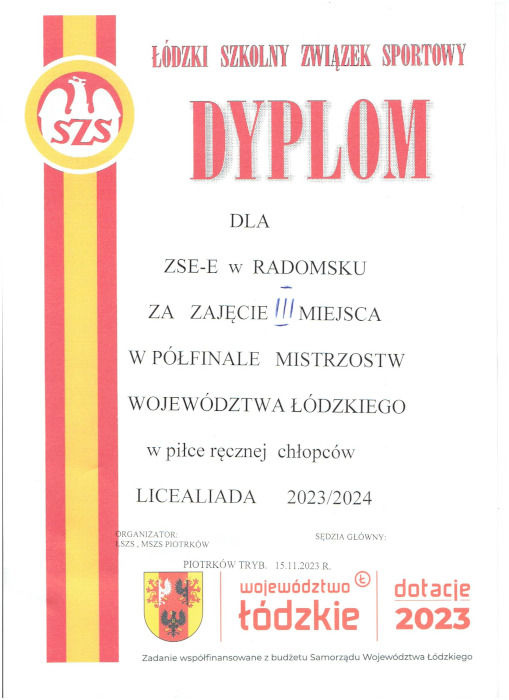 Dyplom za zajęcie 3 miejsca w piłce ręcznej chłopców