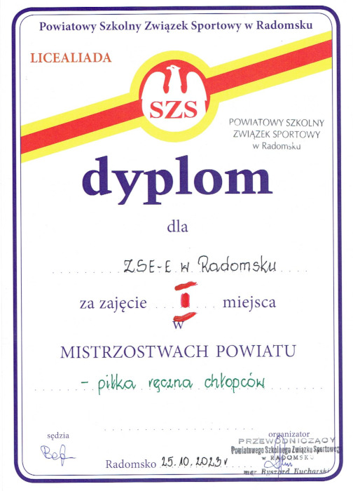 Dyplom za zajęcie 1 miejsca w piłce ręcznej chłopców