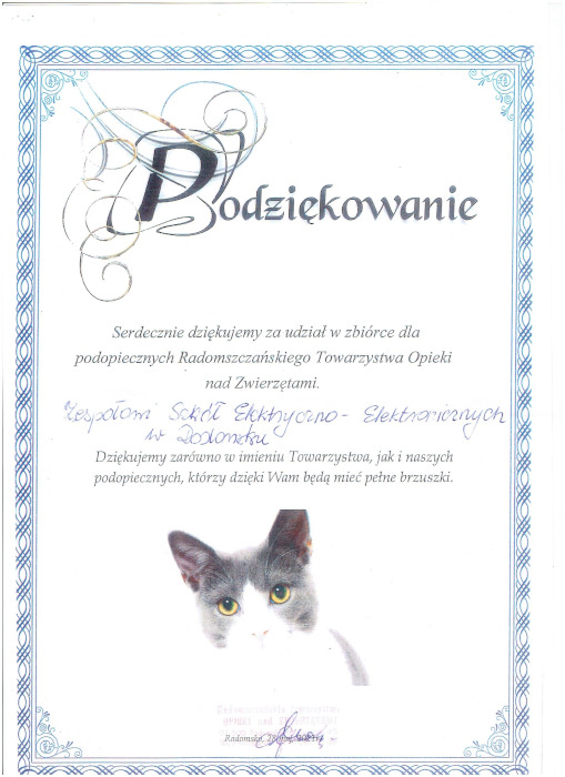 Podziękowanie od Radomszczańskiego Towarzystwa Opieki nad Zwierzętami