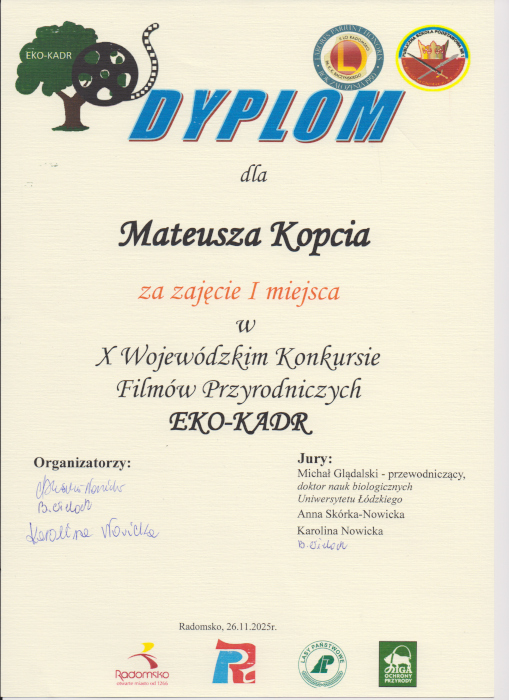 Dyplom dla Mateusza Kopcia za zajęcie I miejsca w konkursie filmów przyrodniczych