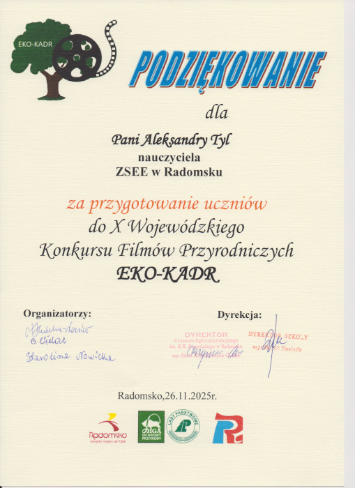 Podziękowanie dla nauczyciela Aleksandry Tyl za przygotowanie uczniów do konkursu