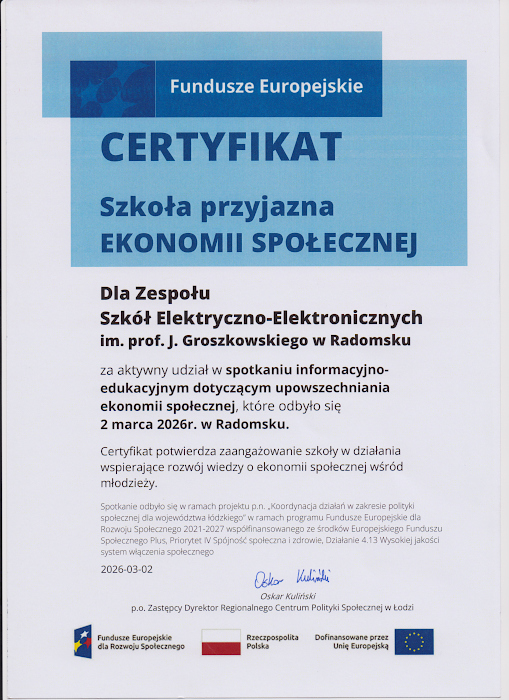 Certyfikat - Szkoła przyjazna ekonomi s;ołecznej