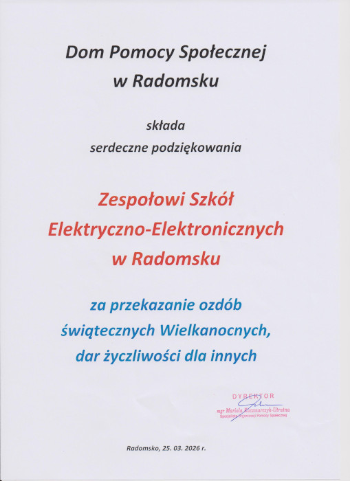 Podziękowania dla szkoły